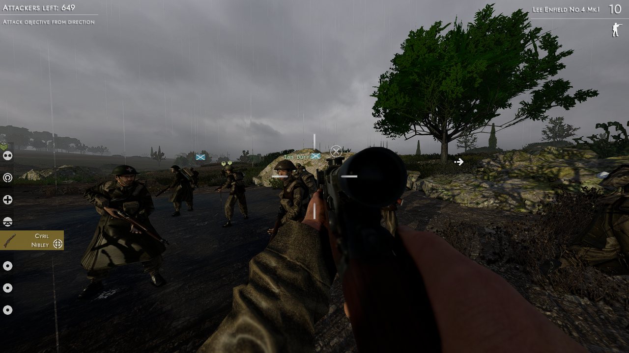 Easy Red 2 gameplay in the rain: an AI squad advancing along a road under UngodlyAI