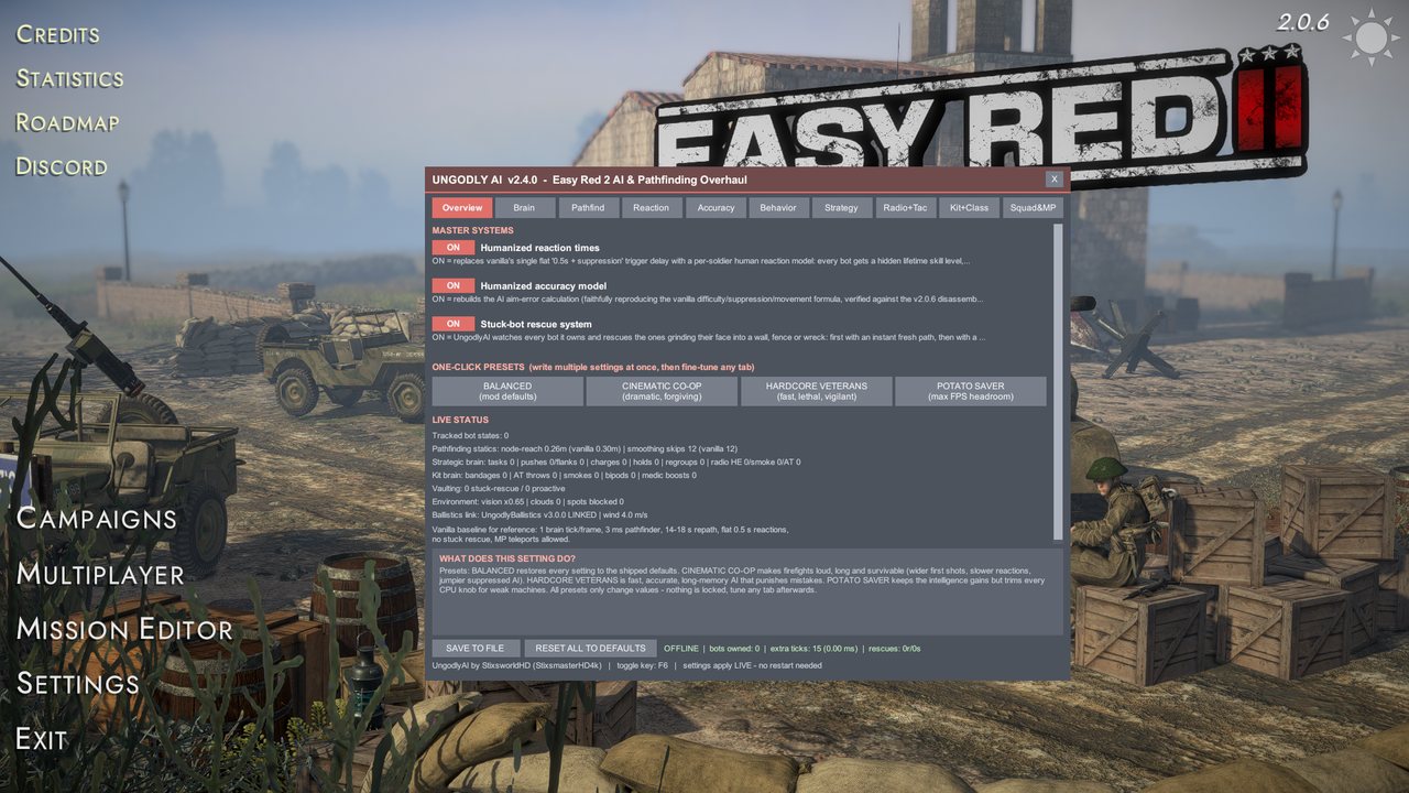 UngodlyAI in-game configuration window on the Overview tab