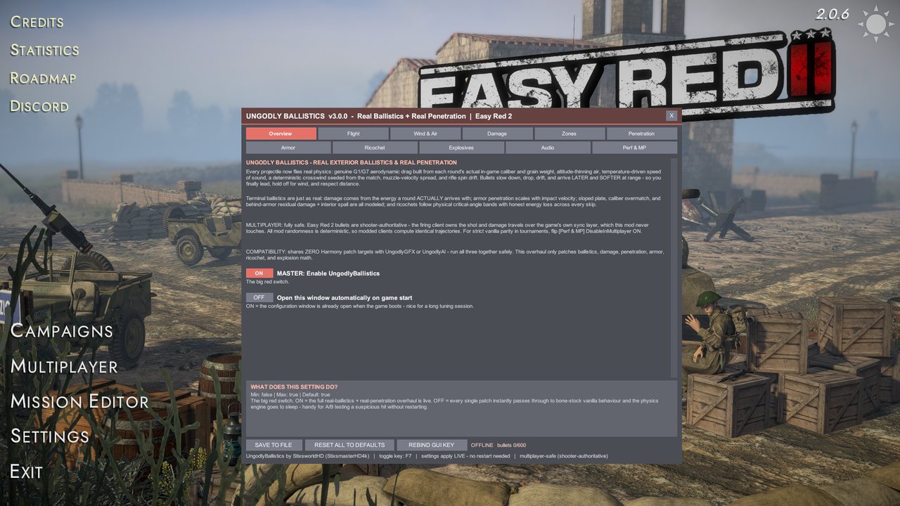UngodlyBallistics v3.0.0 in-game configuration window on the Overview tab