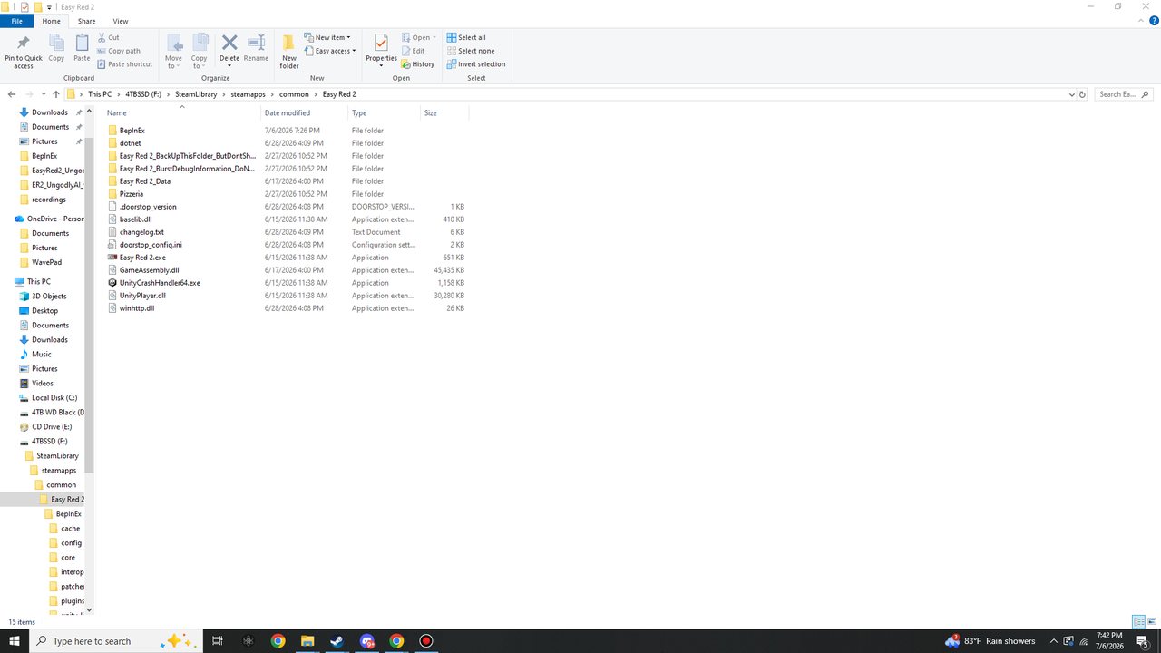 Windows Explorer showing the Easy Red 2 game root after installing BepInEx 6