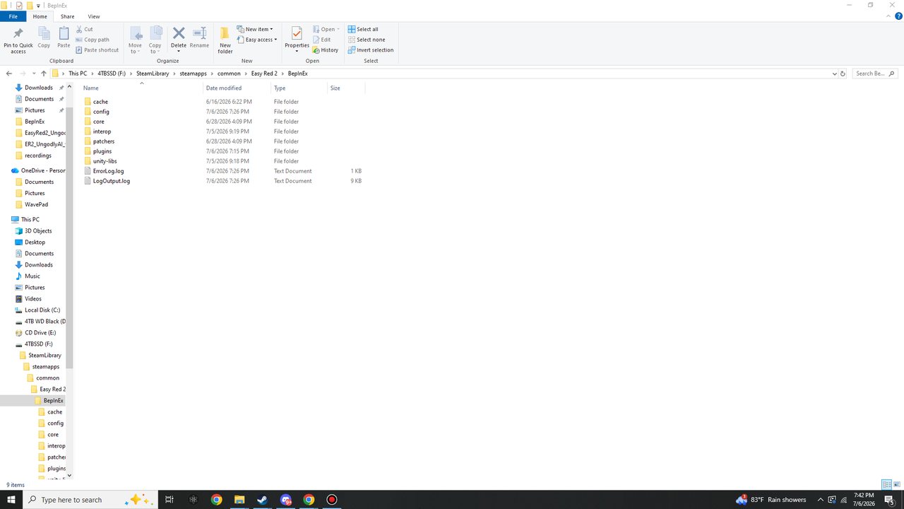 Windows Explorer inside the BepInEx folder showing cache, config, core, interop, patchers, plugins and unity-libs