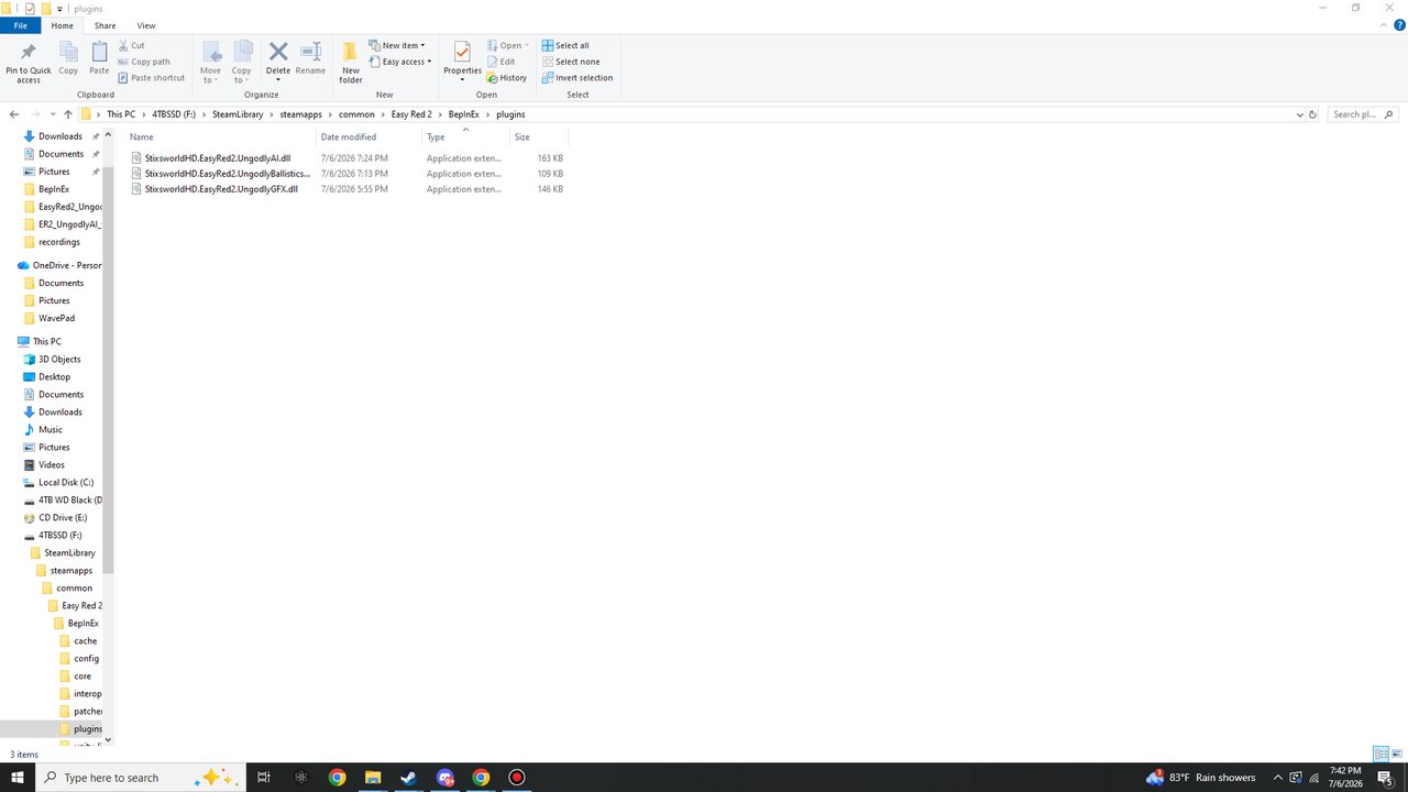 Windows Explorer showing the three Ungodly plugin DLLs inside BepInEx\plugins