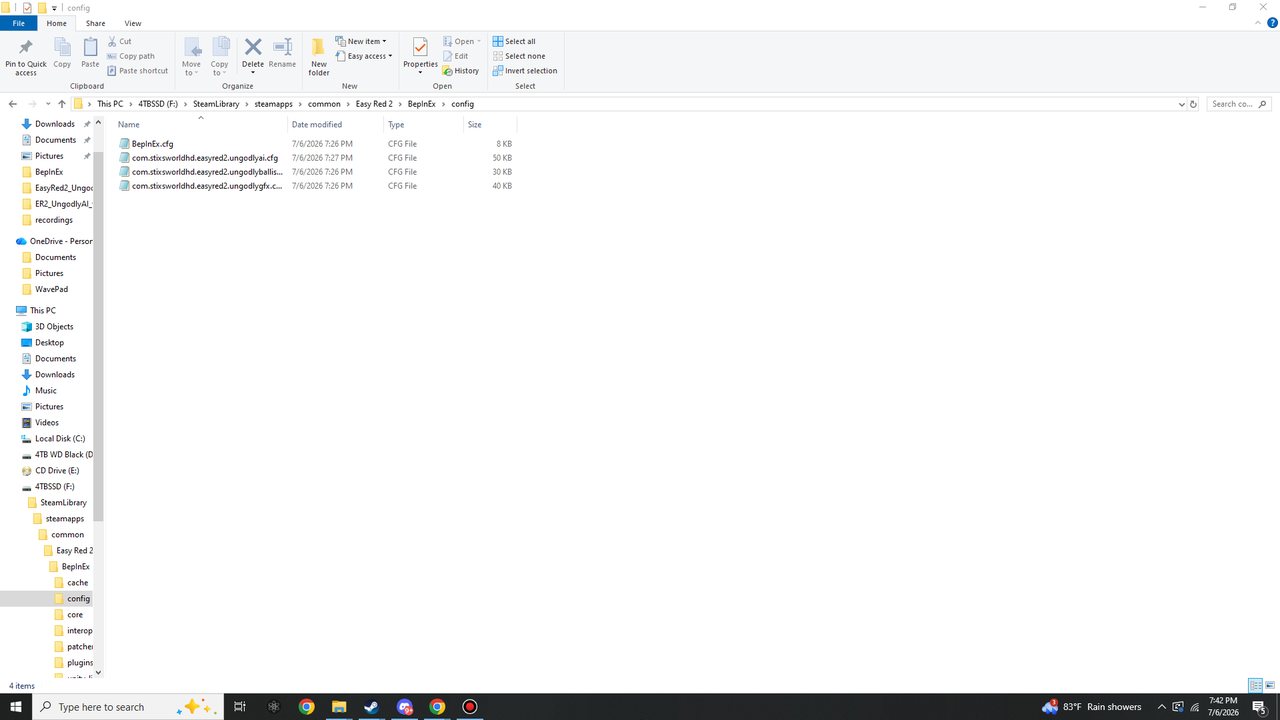 Windows Explorer showing BepInEx.cfg plus the three Ungodly .cfg files inside BepInEx\config